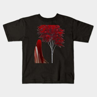 A Girl Amongst the Red Leaf Trees Kids T-Shirt